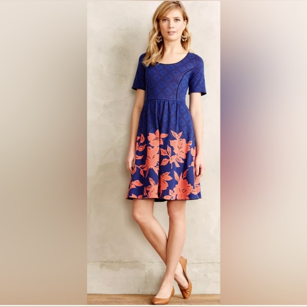 Anthropologie HD in Paris Blue Fit & Flare Dress Orange Floral Detail Boho Small